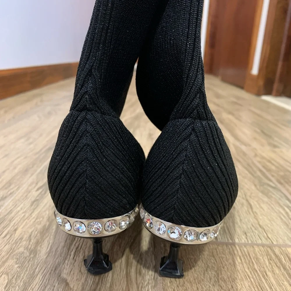 Miu Miu Black Glitter Sock Ankle Boots with Jeweled Heel